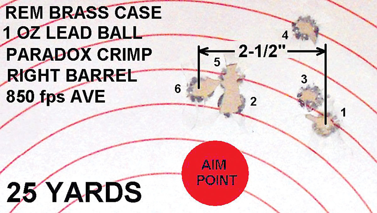 A 25 yard, six-shot group isn’t rifle quality, but would be sufficient for close shots at bigger game.